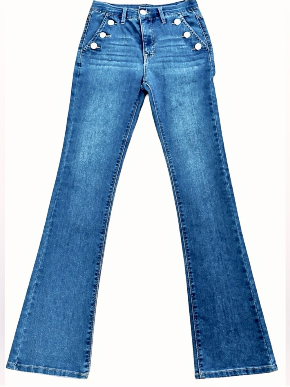 Curve Appeal Sailor Button High Rise Flare Jeans Medium Dark Wash Size 26 (2)